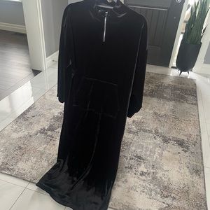 Vintage black velvet muumuu long gown with sparkling zipper front pocket